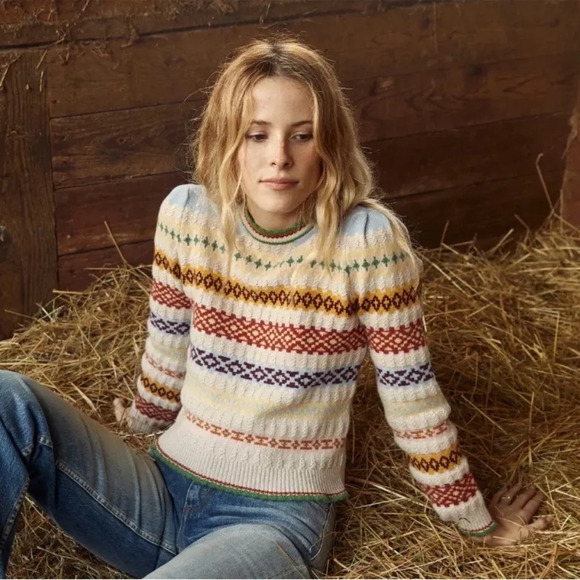 NWT Doen Brynn Sweater in Cream Monte Rosa Fair Isle Cashmere Wool Knit Print - Picture 4 of 12